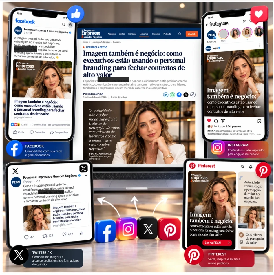 Exemplo de divulgação da matéria no Facebook, Instagram, X e Pinterest